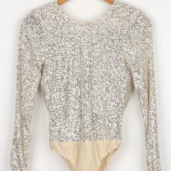 Lulus Shimmering Love Silver Sequin Cowl Back Bodysuit in Medium - Picture 1 of 2